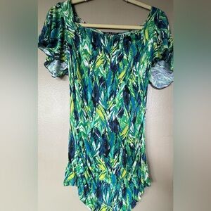 Pre-owned Cable & Gauge Green Blue Tropical Leaf Print Top Short Sleeve Tee L XL